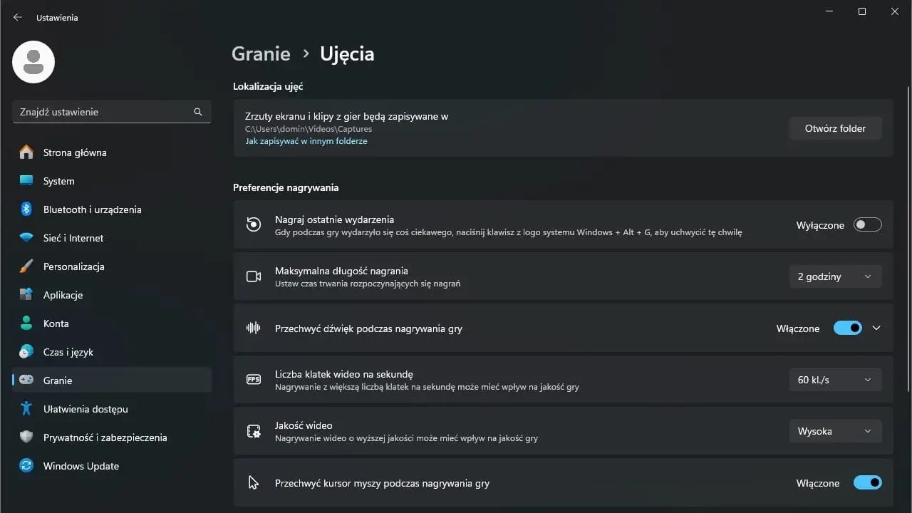 Zmiana ustawień nagrywania na Windowsie